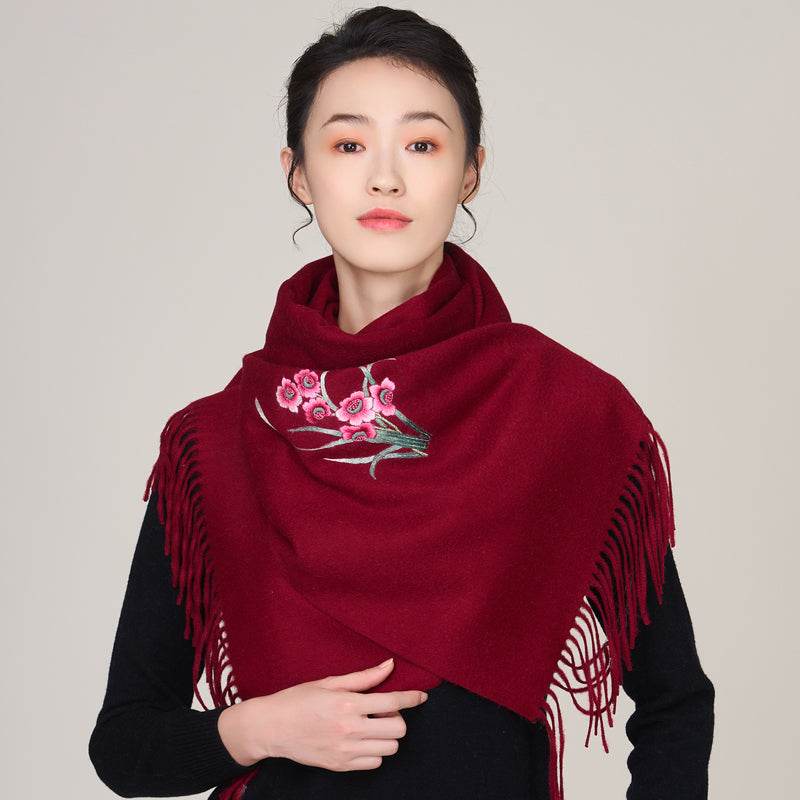 Handmade Suzhou Embroidery Wool Cashmere Scarf with Narcissus Flower 200x38cm - Image 15
