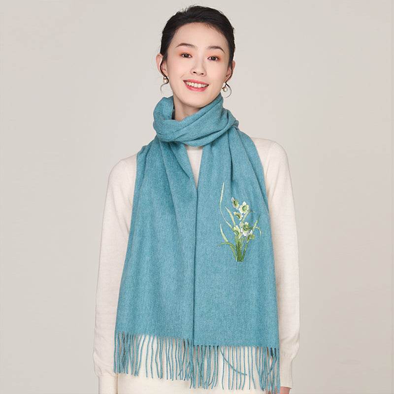 Handmade Suzhou Embroidery Wool Cashmere Scarf with Narcissus Flower 200x38cm - Image 9