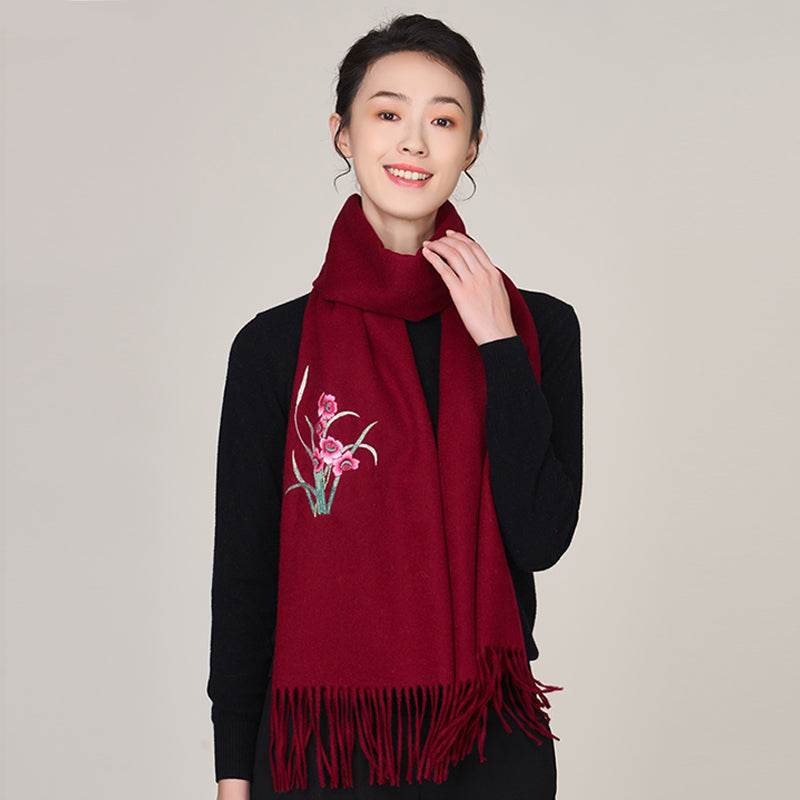 Handmade Suzhou Embroidery Wool Cashmere Scarf with Narcissus Flower 200x38cm - Image 14