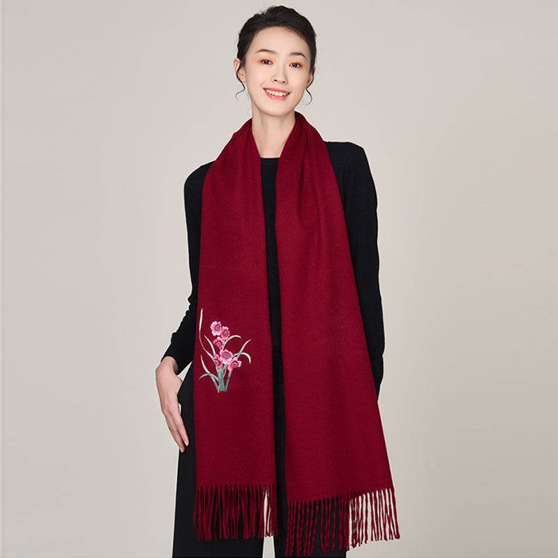 Handmade Suzhou Embroidery Wool Cashmere Scarf with Narcissus Flower 200x38cm - Image 16