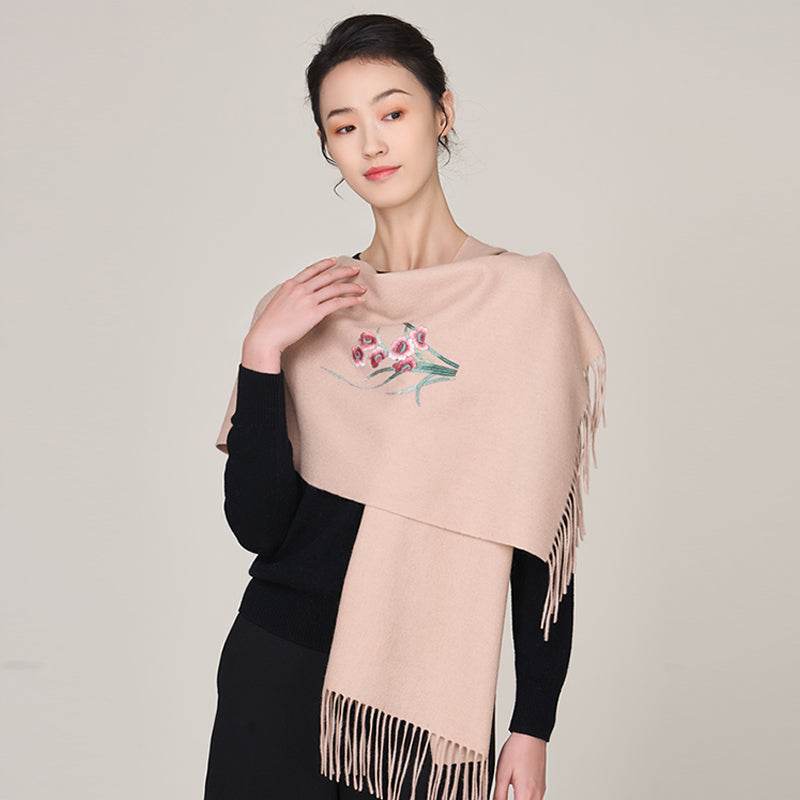 Handmade Suzhou Embroidery Wool Cashmere Scarf with Narcissus Flower 200x38cm - Image 22