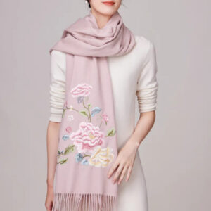 Embroidery Premium 100% Wool Cashmere Scarf Hydrangea Peony Pattern 200 x 70 cm